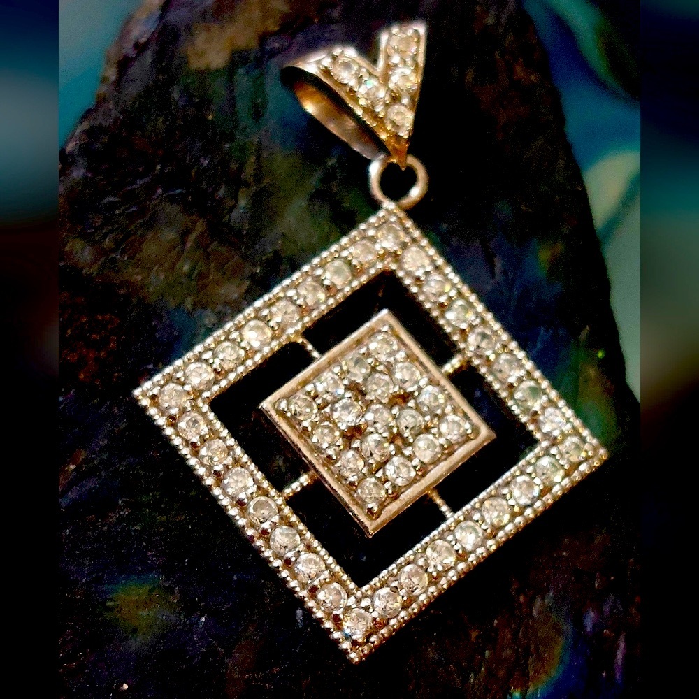 FAS designer signed sterling silver CZ rhombus pendant
